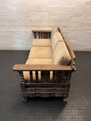 1950s Imbuia 3 Seater Couch with Cushions — Frame Partially Covered in Grey Paint – side view