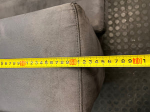 3 Seater Grey Fabric Couch with Wide Block Arms — Fair Overall Condition – depth measurement