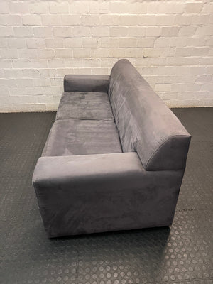 3 Seater Grey Fabric Couch with Wide Block Arms — Fair Overall Condition – side view