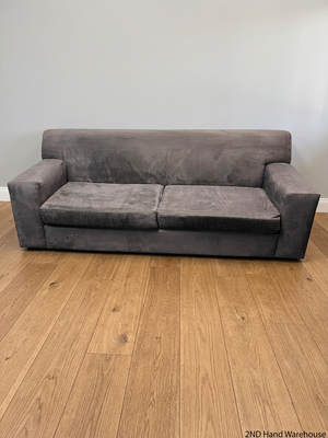 3 Seater Grey Fabric Couch with Wide Block Arms — Fair Overall Condition – styled product image