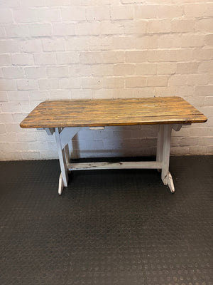 Rustic Wooden Trestle Garden Table — Weather Soiled Wood Surface – main front view
