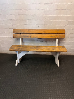 Golden Brown and White Wooden Garden Bench — Weather Soiled Wood Surfaces – main front view