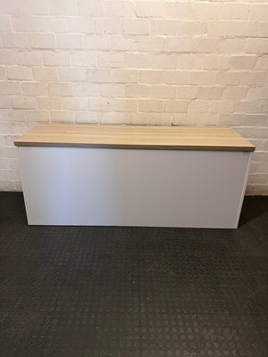 Large Four-Door Office Credenza in Wood Grain and White – back view