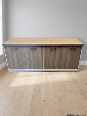 Large Four-Door Office Credenza in Wood Grain and White – styled product image