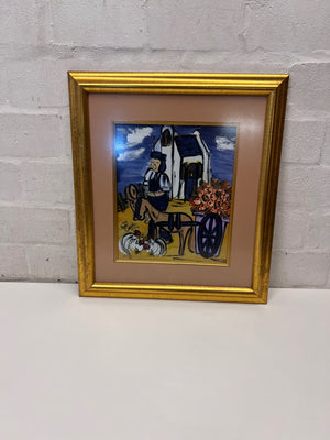 Framed Folk-Style Donkey Cart Painting in Gold Frame – side view