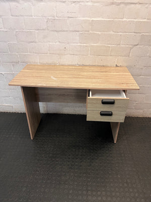 Oak Finish Office Desk with Two Drawers — Fair Condition With Visible Wear – side view