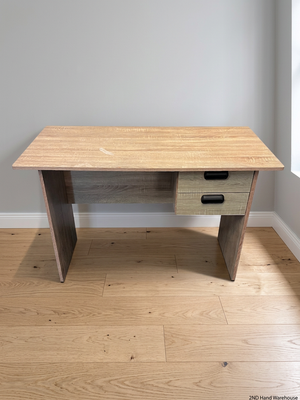 Oak Finish Office Desk with Two Drawers — Fair Condition With Visible Wear – styled product image