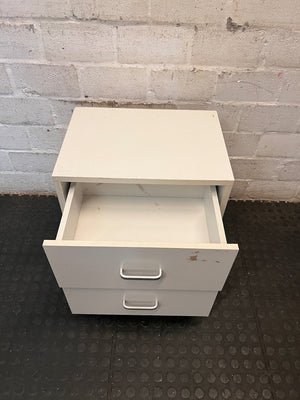 White Two-Drawer Bedside Table with Silver Handles — Scuff Marks on Drawer Front – side view