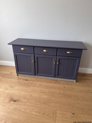 Grey Three-Door Sideboard with Brass-Toned Handles — Well Used with Significant Wear – styled product image