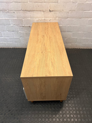 Oak Finish TV Unit with Grey Drawers — Great Condition Oak TV Unit – top view