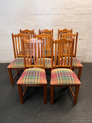 Oregon Pine Dining Chair with Plaid Upholstered Seat — Fair Used Condition – side view