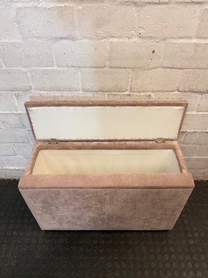 Beige Upholstered Storage Blanket Box — Fair Condition With Visible Wear – side view