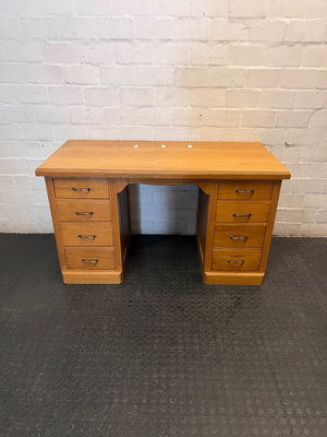 Classic Oak Pedestal Office Desk with Eight Drawers — Fair Used Condition – main front view
