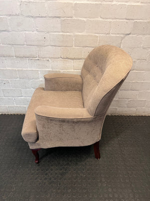 Grey Upholstered Button-Back Accent Chair — Clean and Well Maintained – side view