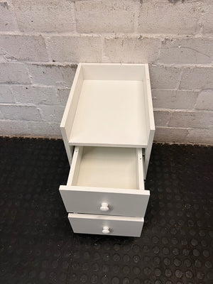 White Two-Drawer Bedside Table with Raised Top – side view