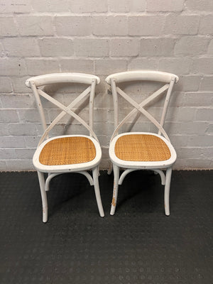 White Cross-Back Dining Chair with Rattan Seat – condition detail