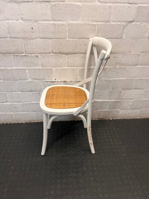 White Cross-Back Dining Chair with Rattan Seat – side view