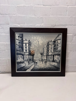 Framed Paris Cityscape Oil Painting in Dark Wood Frame – main front view