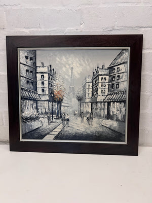 Framed Paris Cityscape Oil Painting in Dark Wood Frame – side view