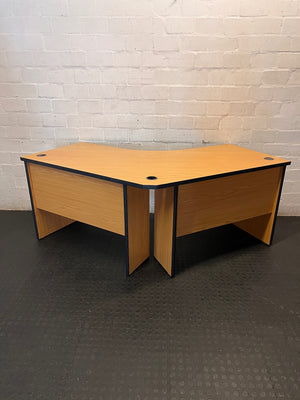 L-Shaped Oak Finish Office Desk with Cable Ports – condition detail