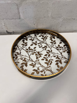 Round Gold Leaf Pattern Decorative Tray with Handles – back view