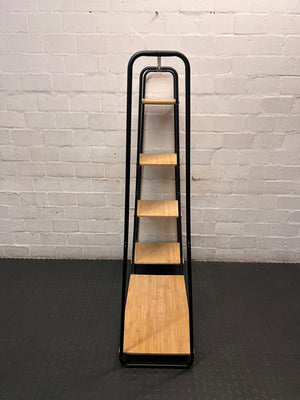 Black Metal Clothing Rack with Wooden Shelves – side view