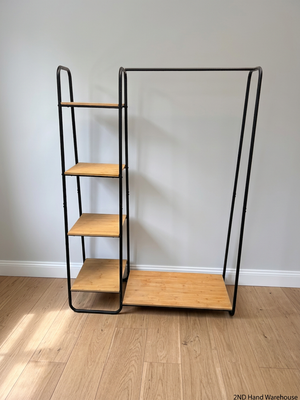 Black Metal Clothing Rack with Wooden Shelves – styled product image