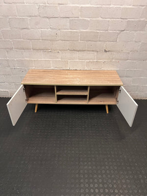 Oak and Grey Two-Tone TV Unit with Tapered Legs – side view