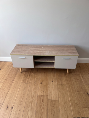 Oak and Grey Two-Tone TV Unit with Tapered Legs – styled product image