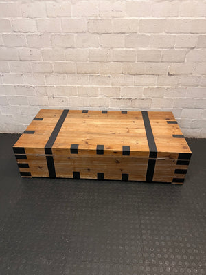 Large Rustic Wooden Chest Coffee Table with Metal Banding – back view