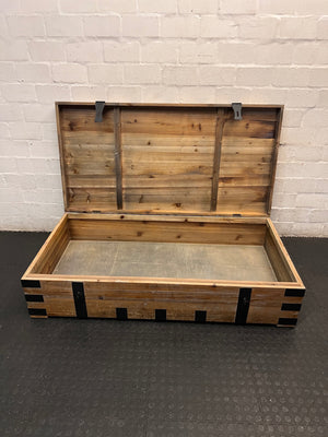 Large Rustic Wooden Chest Coffee Table with Metal Banding – side view