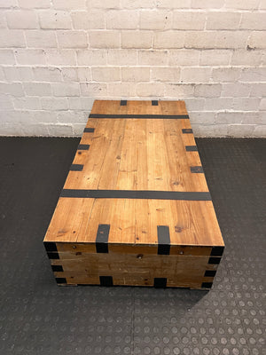 Large Rustic Wooden Chest Coffee Table with Metal Banding – top view