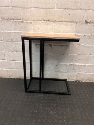 Industrial Style C-Shaped Side Table with Oak Finish Top – main front view