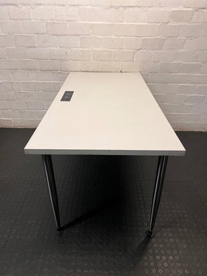 Modern Grey Office Desk with Chrome Legs and Power Port – side view