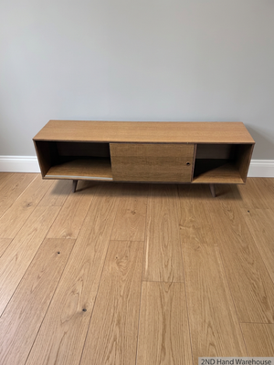 Mid-Century Style Wooden TV Unit with Sliding Door – styled product image