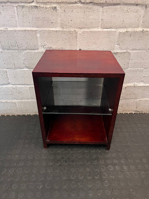 Dark Brown Wood Bedside Table with Glass Shelf – back view