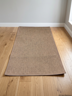 Grey Textured Flat-Weave Area Rug with Fabric Border – styled product image