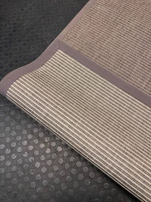 Grey Textured Flat-Weave Area Rug with Fabric Border – top view