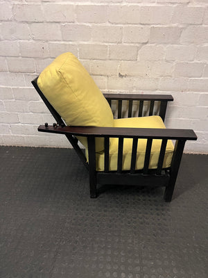 Dark Timber Armchair with Yellow Cushions – back view