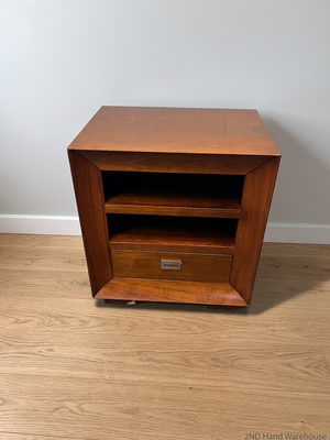 Brown Wooden TV Unit with Open Shelving and Drawer – styled product image