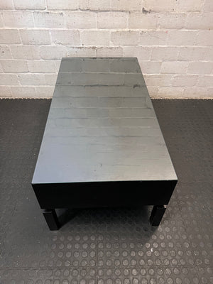 Dark Wood Coffee Table with Glass Top and Storage Shelf – back view