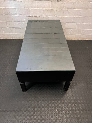 Dark Wood Coffee Table with Glass Top and Storage Shelf – top view