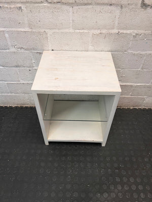 White Washed Bedside Table with Glass Shelf – side view