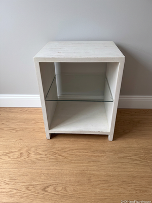 White Washed Bedside Table with Glass Shelf – styled product image