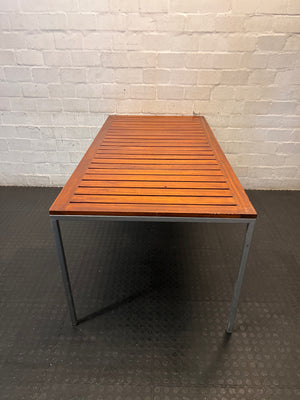 Wooden Slatted Table with Metal Frame – side view