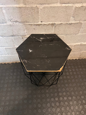 Hexagonal Side Table with Black Wireframe Base – side view
