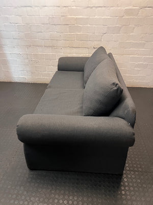 Grey Upholstered 2 Seater Couch with Rolled Arms — Structural Damage – side view