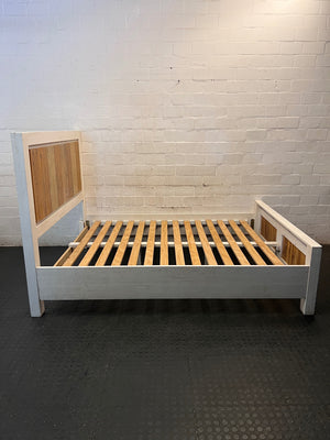 Whitewashed Wooden Double Bed Frame with Inlay Panelling – back view
