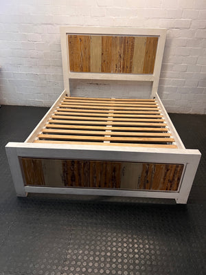 Whitewashed Wooden Double Bed Frame with Inlay Panelling – main front view