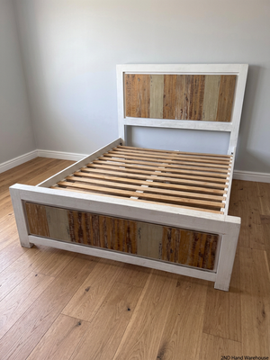 Whitewashed Wooden Double Bed Frame with Inlay Panelling – styled product image